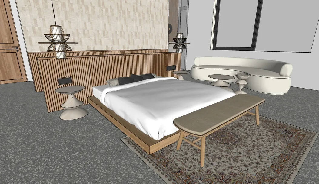 3D plan: low teak bed frame with a slatted teak headboard wall and matching bench.