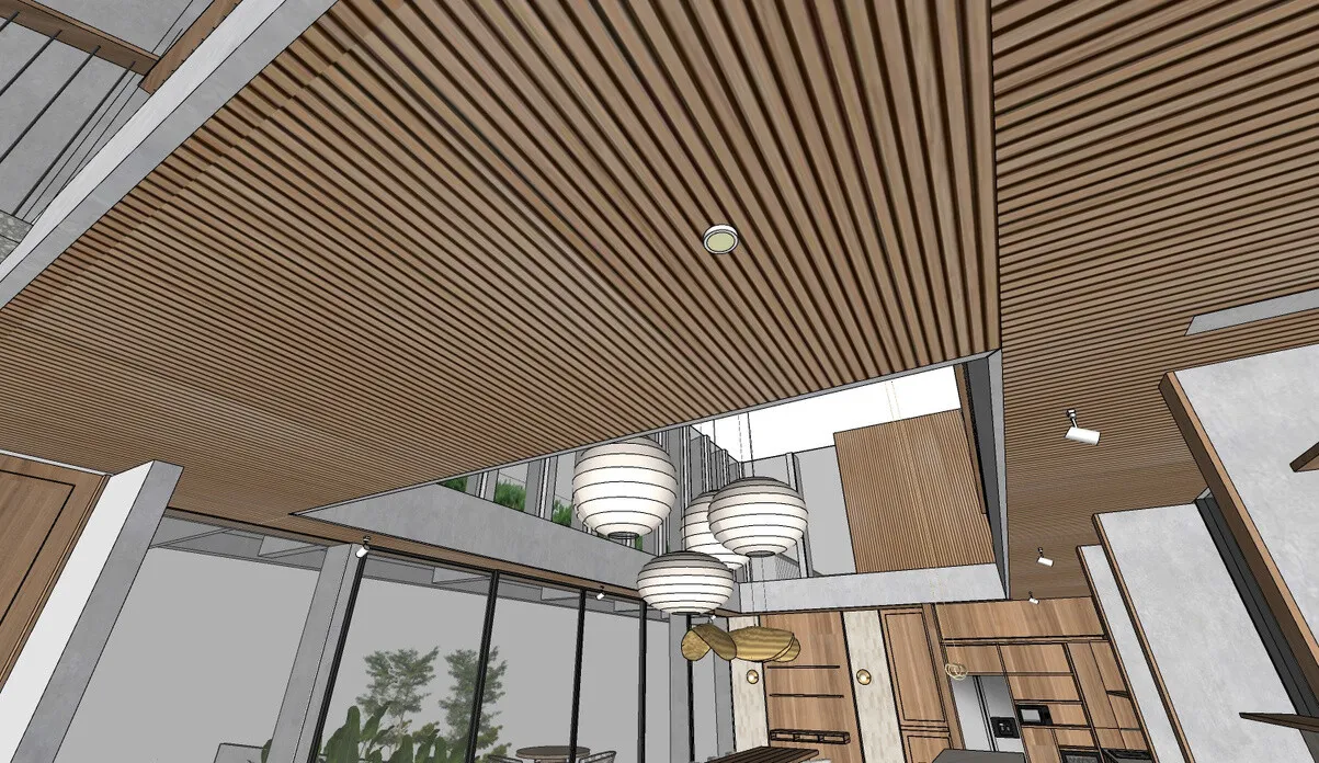 3D plan: slatted teak ceiling over the double-height living area, drawn in 3D then installed.