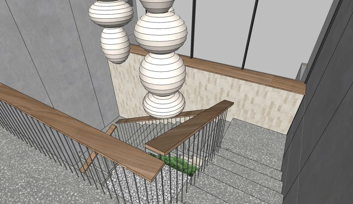 3D plan: teak handrail following the staircase void.