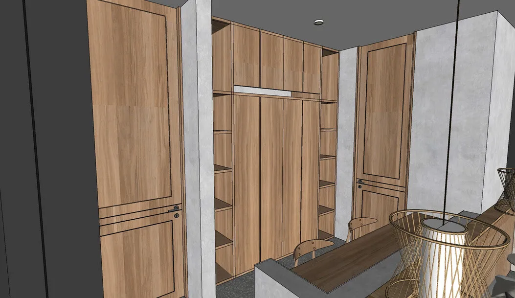 3D plan: built-in teak wardrobe with a slatted top section and open shelving.