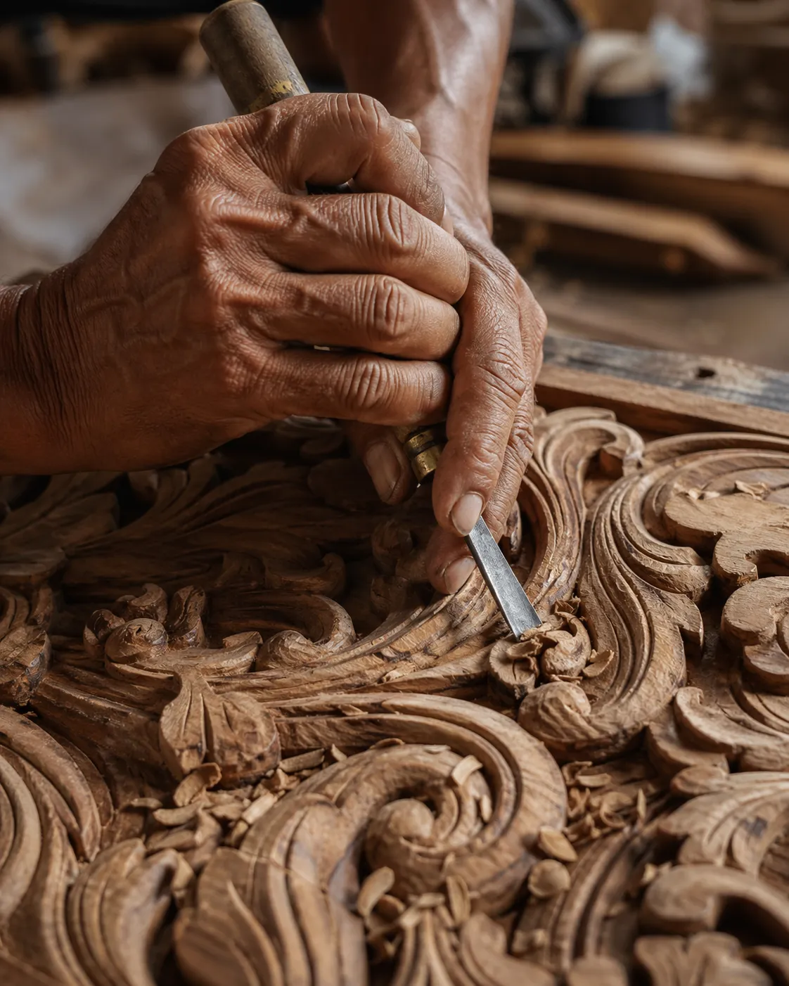 Close-up of a craftsman's hands working teak at Gede's workshop in Kerobokan, Bali