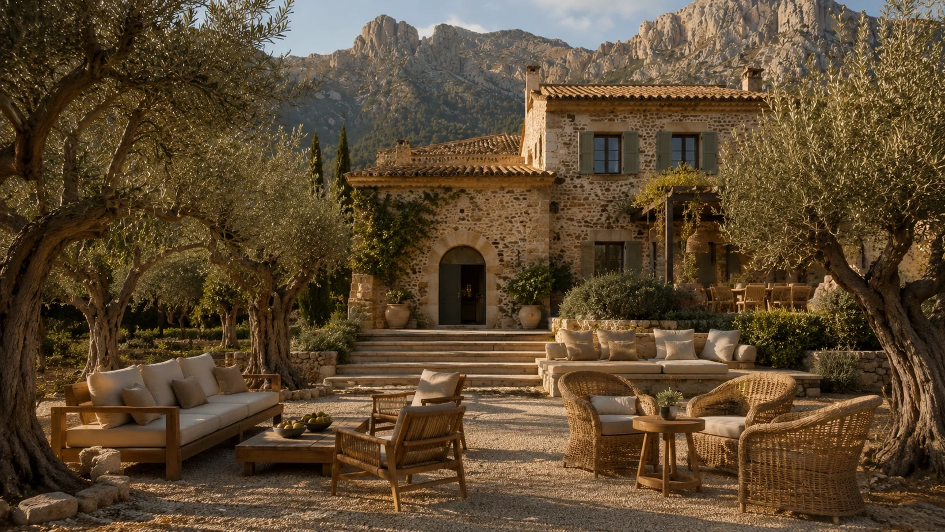 Mallorcan finca framed by olive grove, Bali furniture delivery to Balearic Islands, EU GSP+ customs cleared