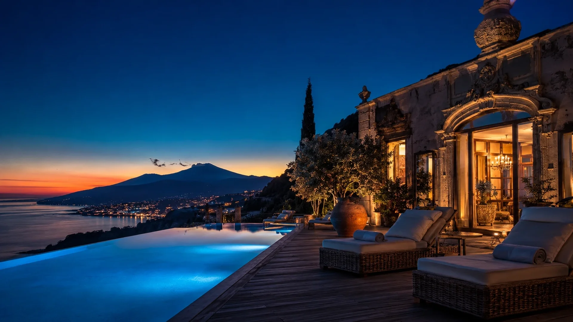 Taormina villa with Mount Etna at blue hour, Bali furniture delivery to Sicily, EU GSP+ customs cleared