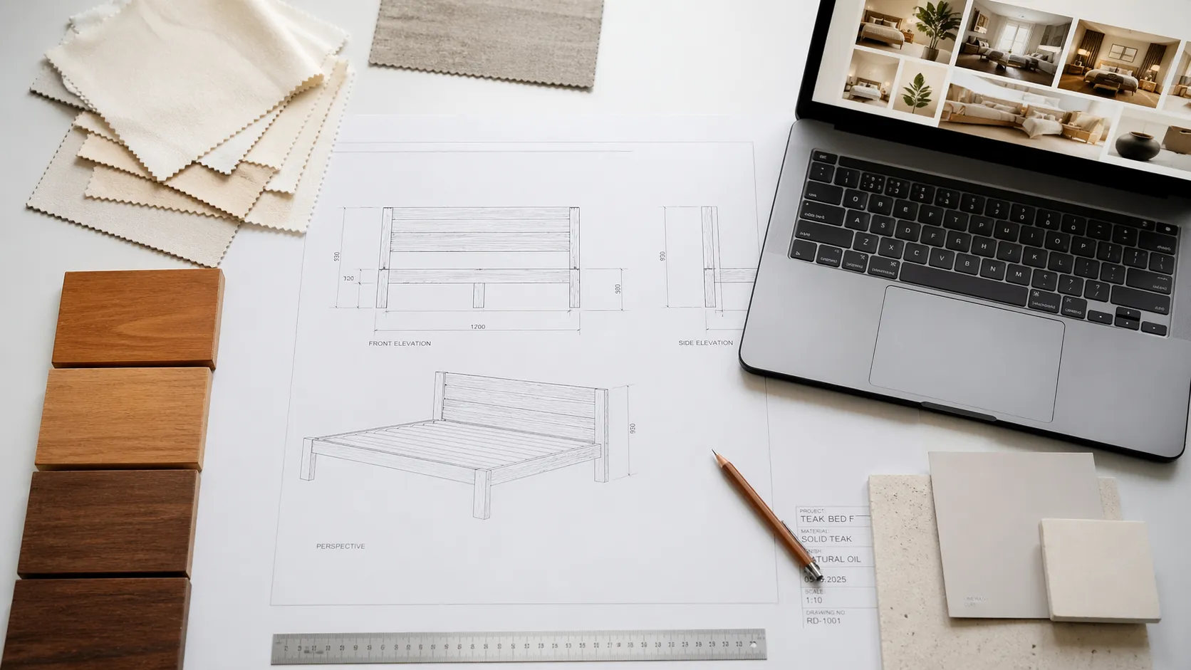 Design brief session, reviewing furniture specifications and material samples for a hotel project
