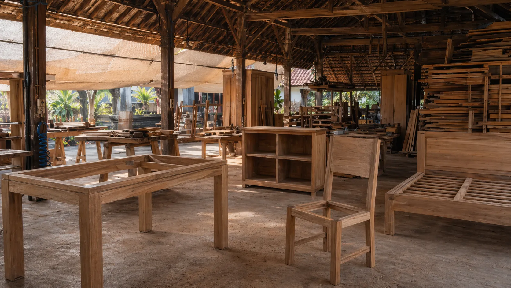 Furniture production at the workshop in Kerobokan, Bali, teak joinery in progress