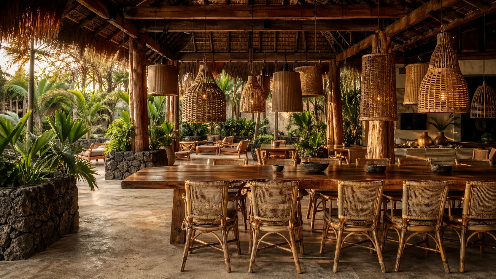 Beach club restaurant, Tulum, 120-piece rattan and teak fit-out for a 200-cover venue by Ubud Atelier