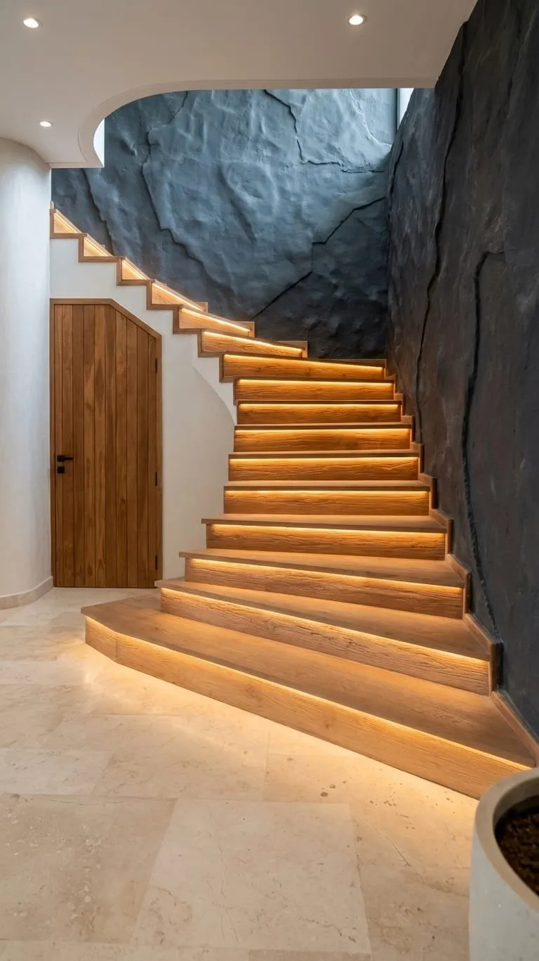 Staircase with lit teak treads.