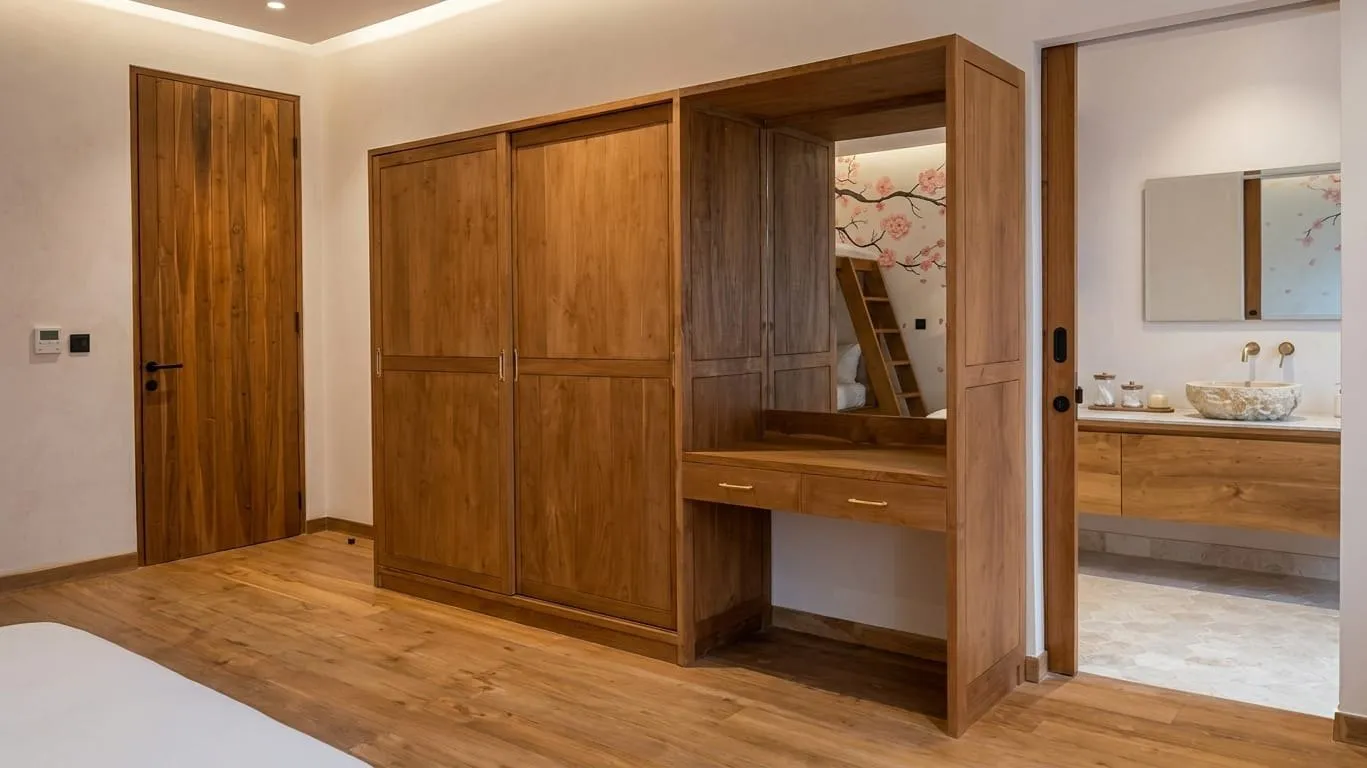 Teak wardrobe with an integrated dressing table.