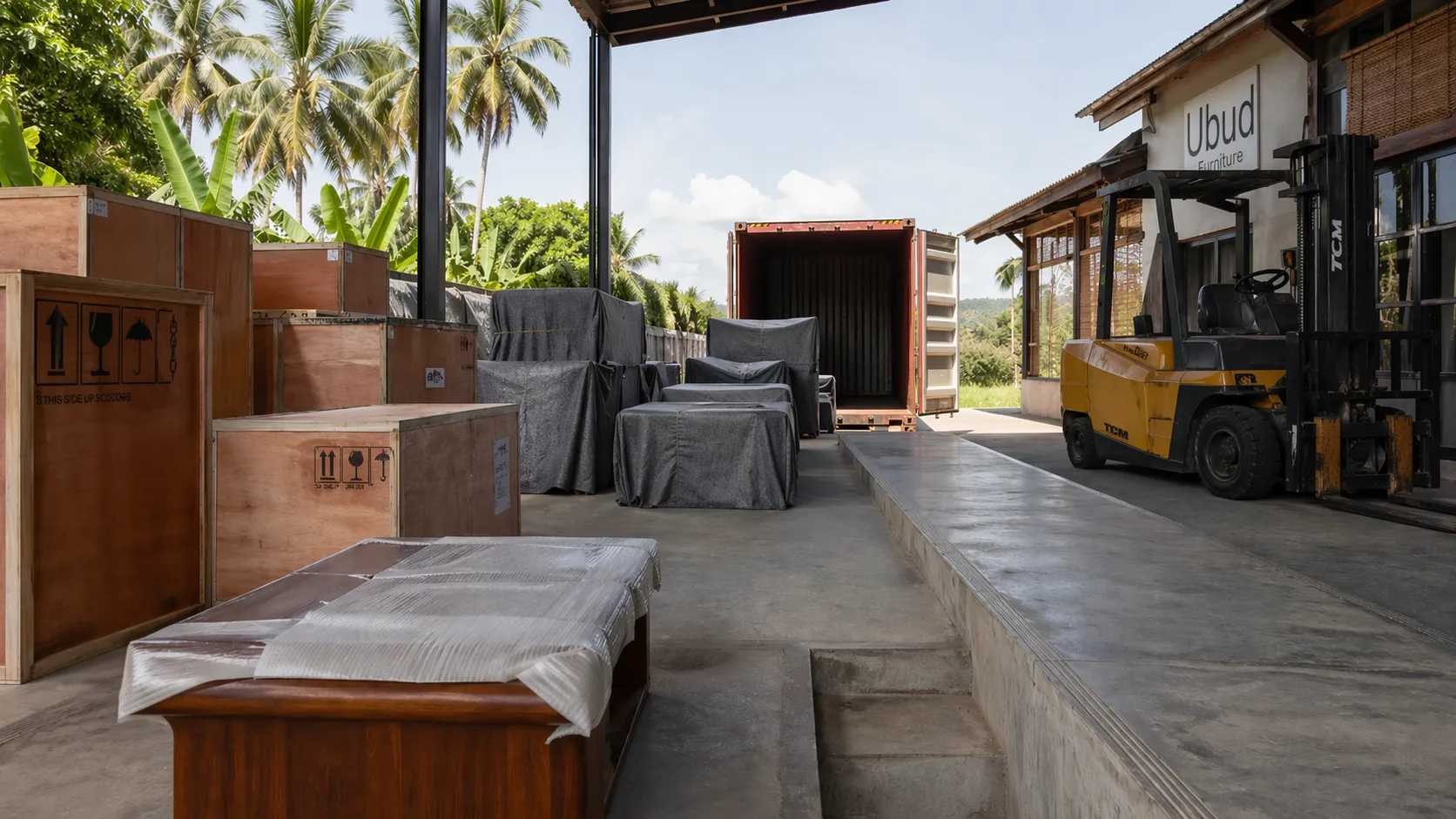 Container loading at Gede's atelier, furniture packed for sea freight from Bali