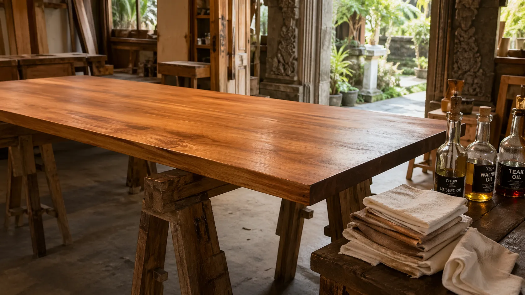 Finishing bay, solid teak furniture receiving its natural matte finish before quality control