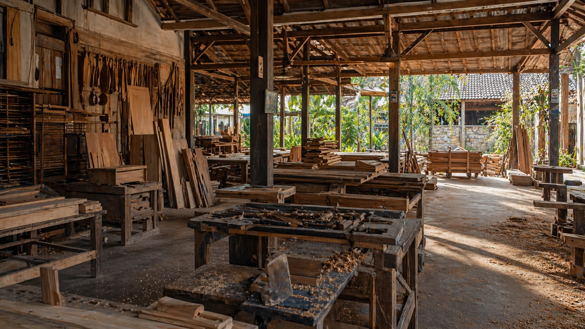 Interior of Gede's teak furniture workshop in Kerobokan, Bali