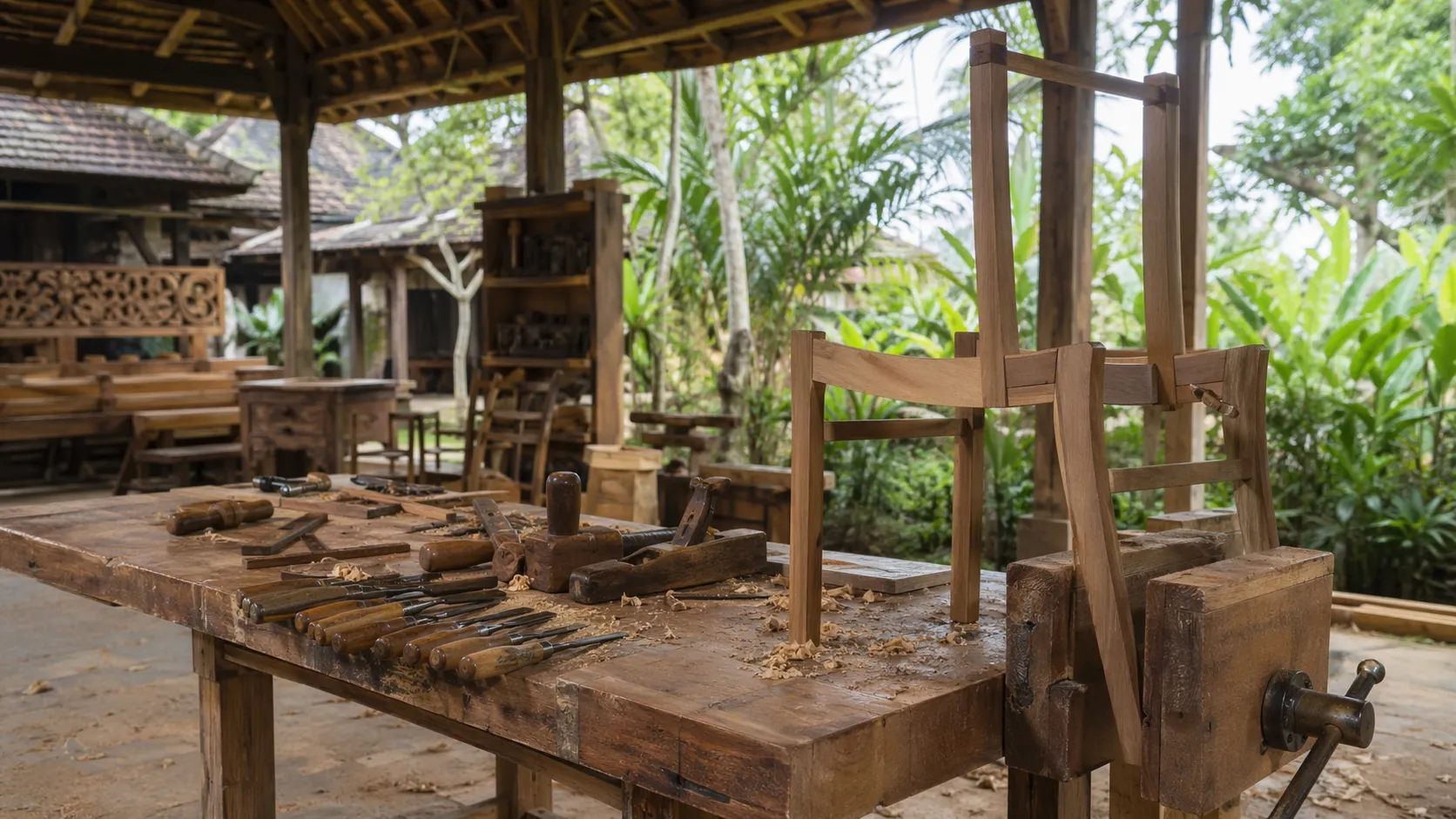 Joinery shop, craftsmen assembling solid teak furniture frames at the Kerobokan atelier