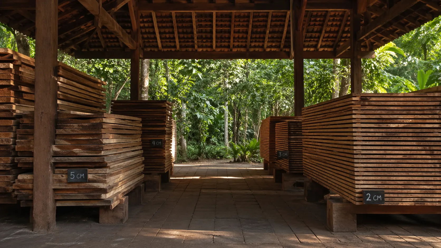 Timber yard at Gede's atelier, selected Perhutani teak storage, Kerobokan, Bali