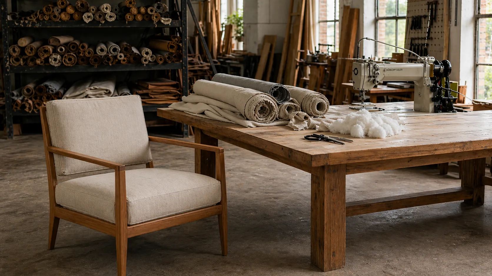 Custom finishing work for cushioned furniture pieces at the atelier